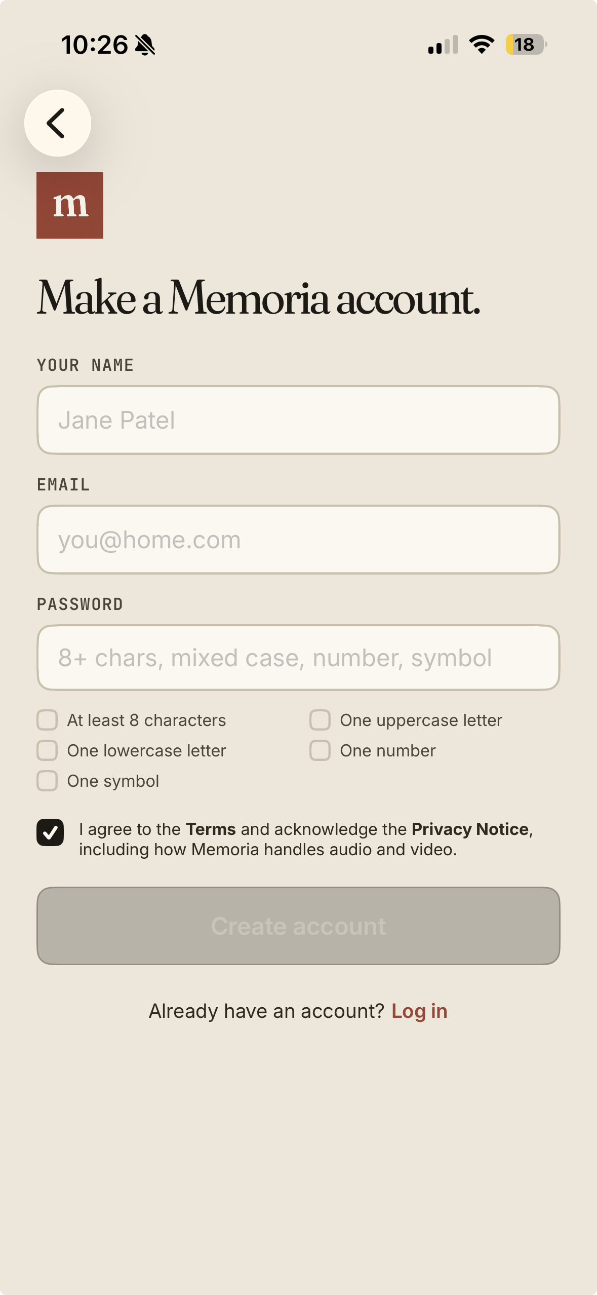 Make a Memoria account form