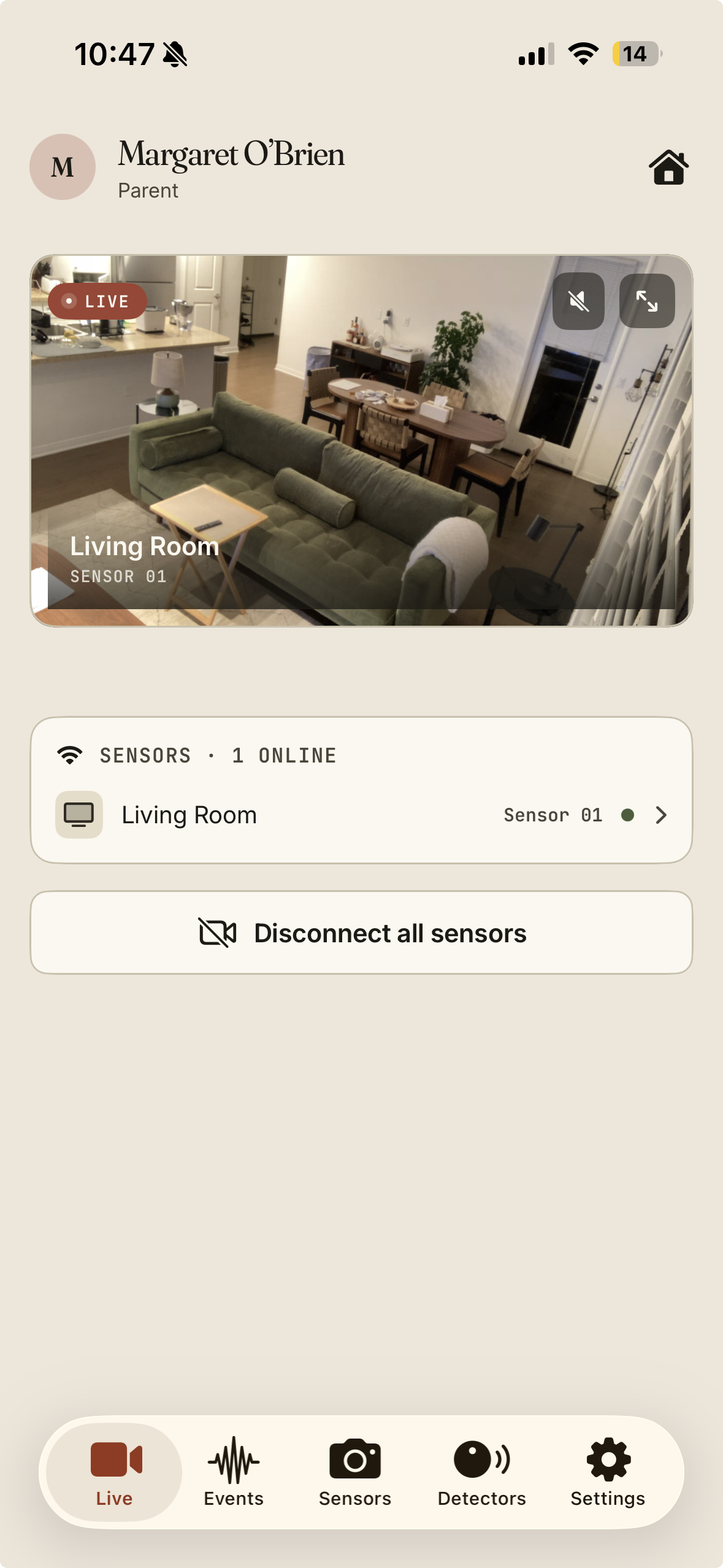 Live view streaming from the Living Room sensor