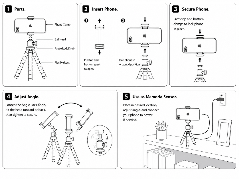Phone stand steps: parts, insert phone, secure phone, adjust angle, use as Memoria Sensor