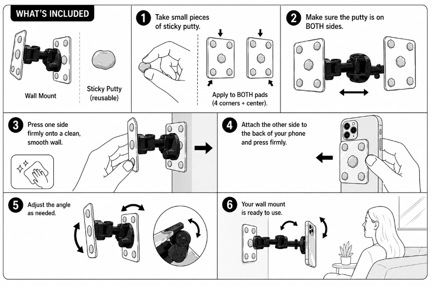 Wall mount steps: putty on both pads, press to a clean wall, attach the phone, adjust the angle